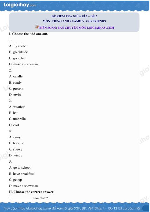 Đề thi giữa kì 2 Tiếng Anh 4 Family and Friends - Đề số 2